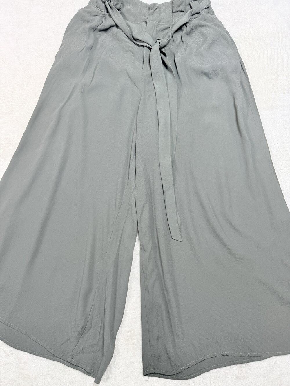 Mystree Wide Leg Pants Womens M Sage Green Cropped Gaucho Culottes Tie Waist